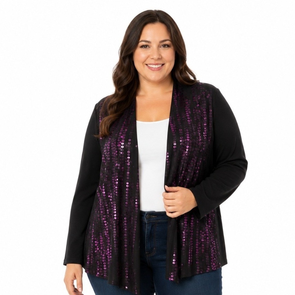 Chico's Travelers Cardigan Size 2 Black Purple Sequin Open Front‎ Long Sleeve LG